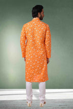 Raivat Ethnic Cotton Printed Work Kurta Pajama In Orange Colour | Grocsy