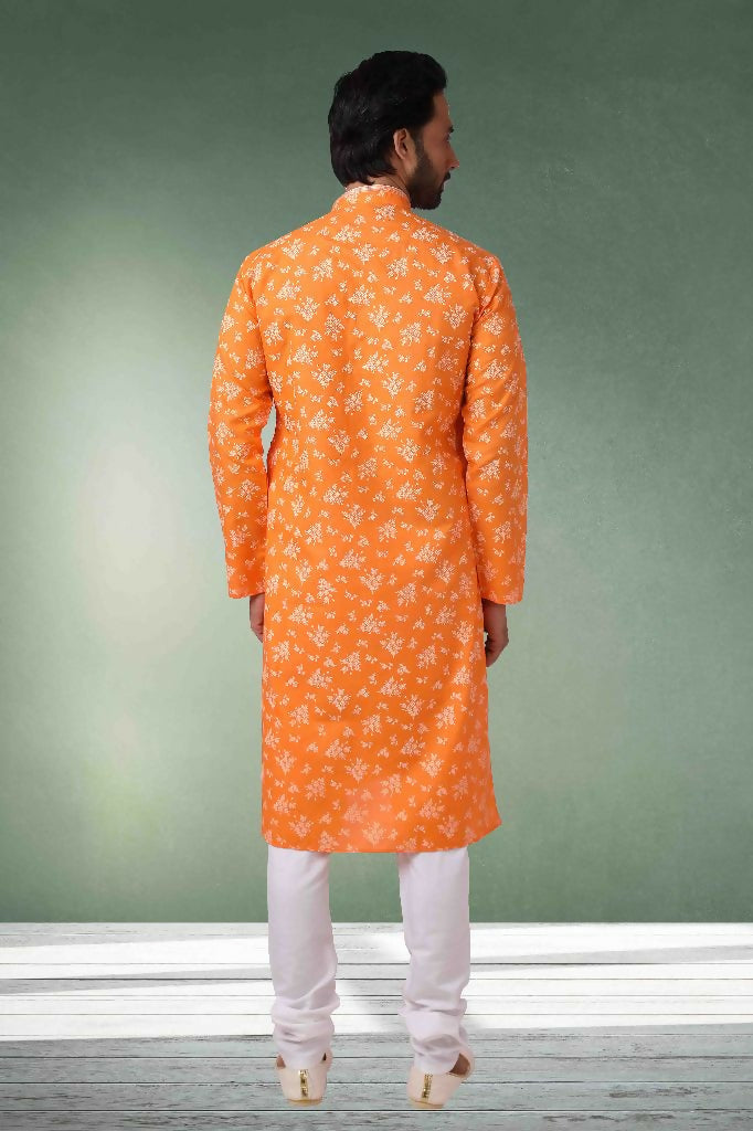 Raivat Ethnic Cotton Printed Work Kurta Pajama In Orange Colour | Grocsy
