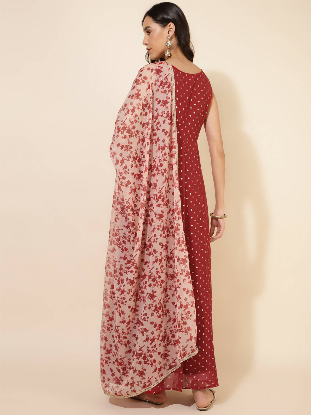 Janasya Women's Red Georgette Foil Printed Festive Anarkali Kurta Set | Grocsy