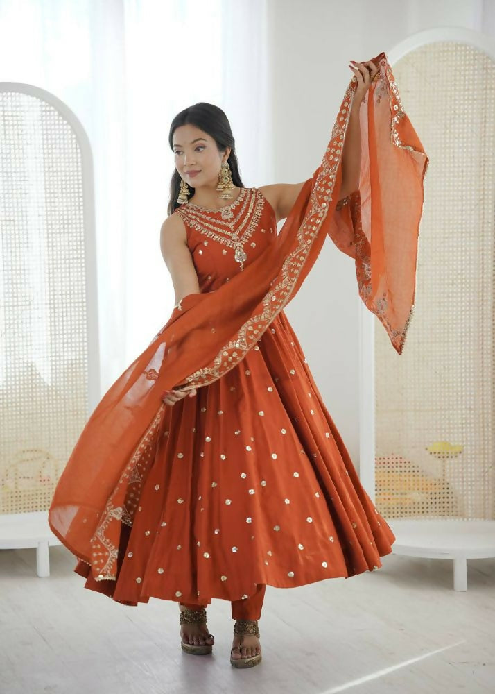Teeya Creation Orange Color Roman Silk Embroidery Work Party Wear Gown | Grocsy
