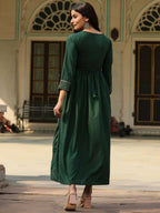 Juniper Women's Green Festive Embroiderd Flared Dress | Grocsy
