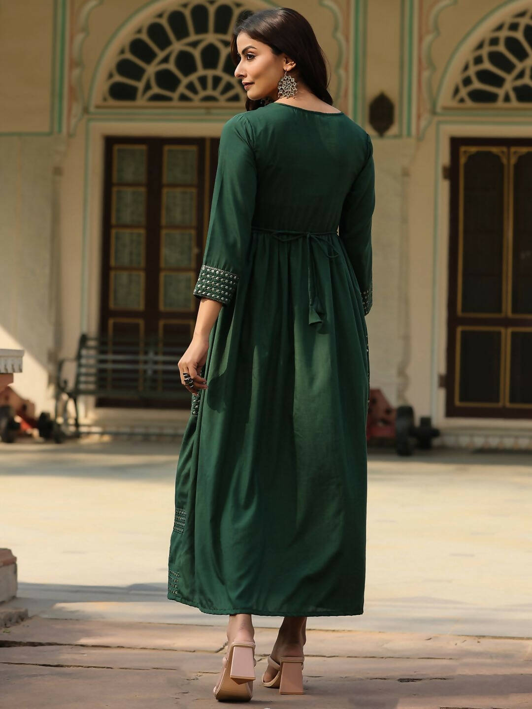 Juniper Women's Green Festive Embroiderd Flared Dress | Grocsy