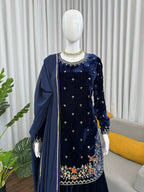 Vastranavya Blue Viscose Velvet Thread Sequence Work Kurta & Palazzo With Dupatta | Grocsy