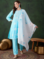 Sangria Blue and White Ethnic Motifs Embroidered Thread Work Pure Cotton Kurta Set | Grocsy