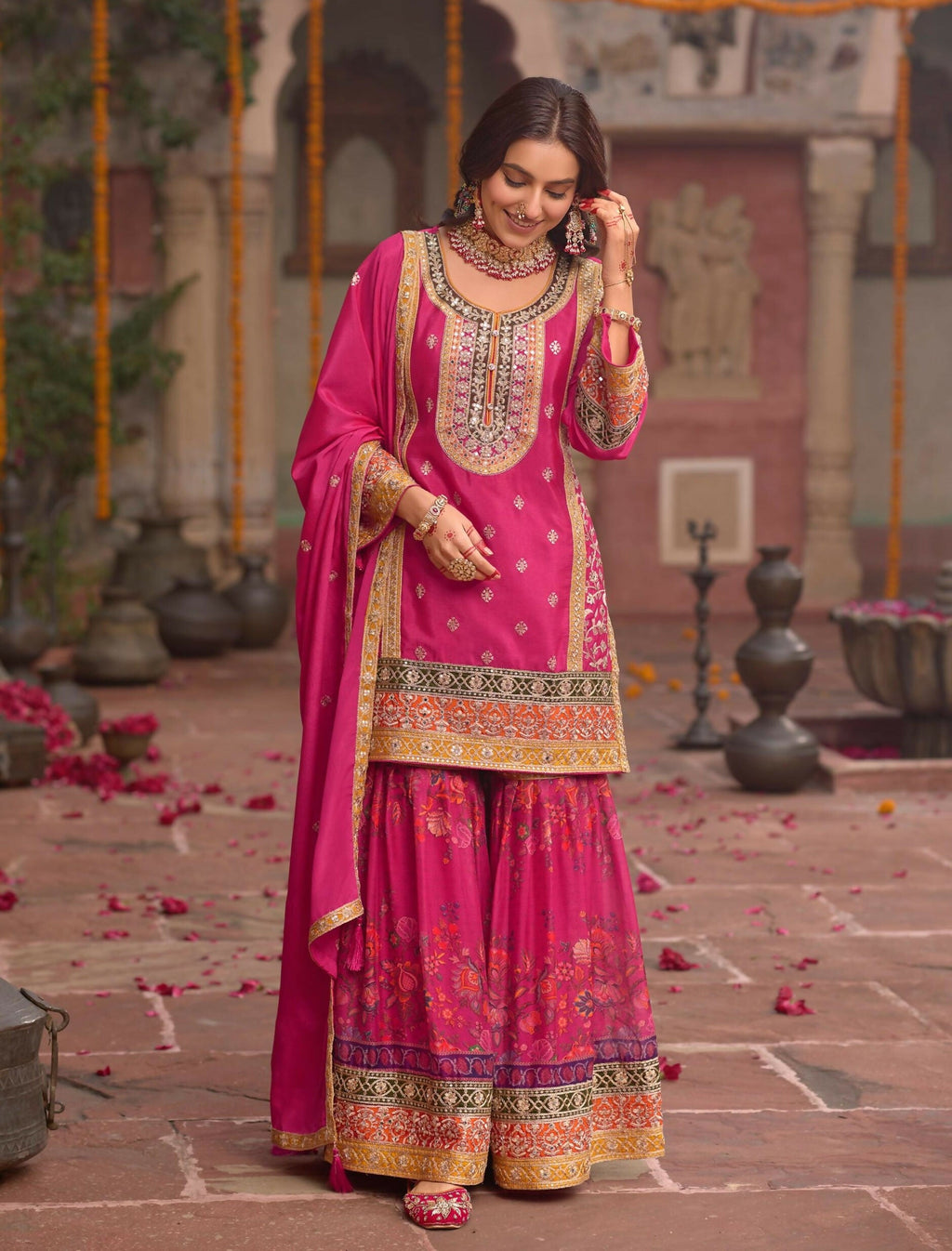 Anaita Rani-Pink Chinon Readymade Palazzo Suit with Codding Dori & Sequence Work | Grocsy