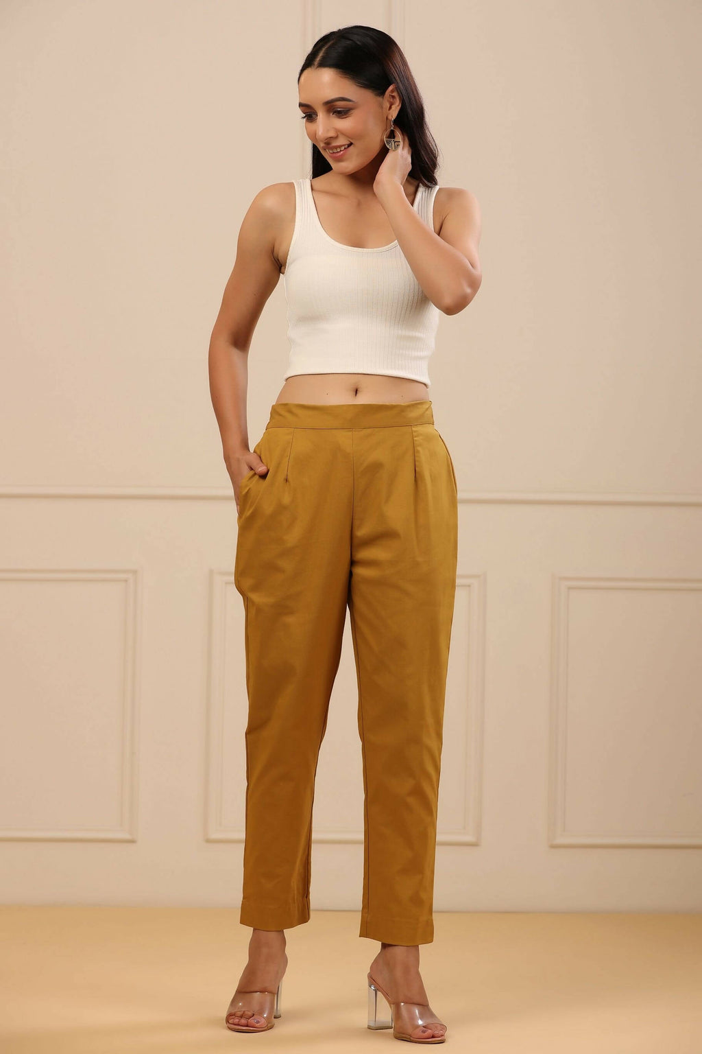 Juniper Women's Mustard Cotton Spendex Solid Straight Pant | Grocsy