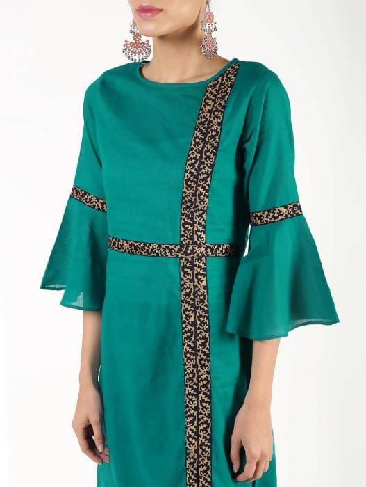 Aniyah Cotton Bell Sleeve Solid Straight Kurta In Turquoise Color (AN-147K) | Grocsy
