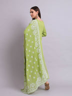 Joban Fashion Green Cotton & Embroidery Work Kurta With Trousers & Dupatta Set | Grocsy