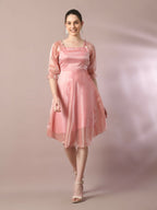 Myshka Women's Pink Solid Square Neck Fit and Flare Party Dress | Grocsy