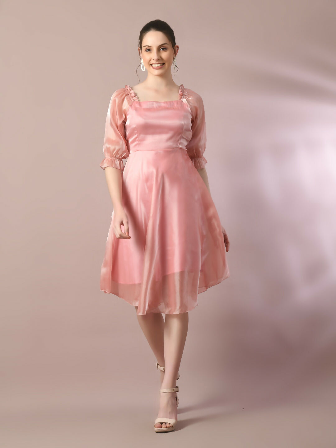 Myshka Women's Pink Solid Square Neck Fit and Flare Party Dress | Grocsy