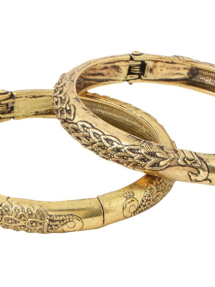 NVR Women Set of 2 Gold-Polished Leaf Design Oxidised Bangles