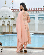Vaasva Women's Peach Cotton Anarkali Set With Solid Pant And Embroidered Dupatta | Grocsy