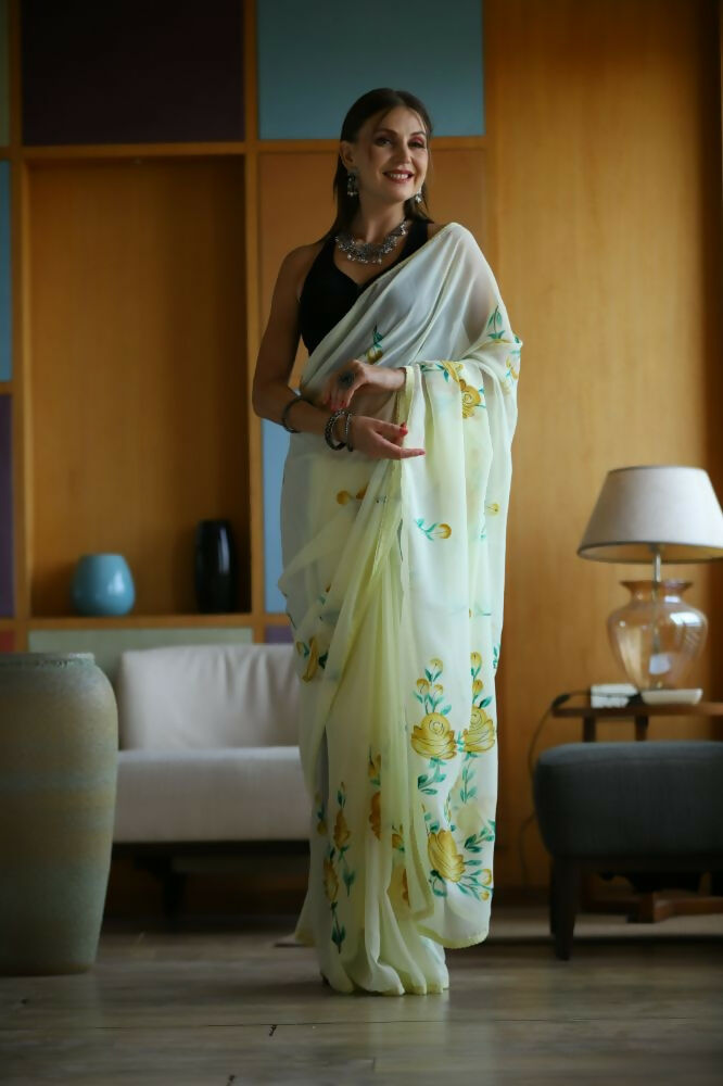 Vamsee Laxmi Yellow Georgette Saree | Grocsy