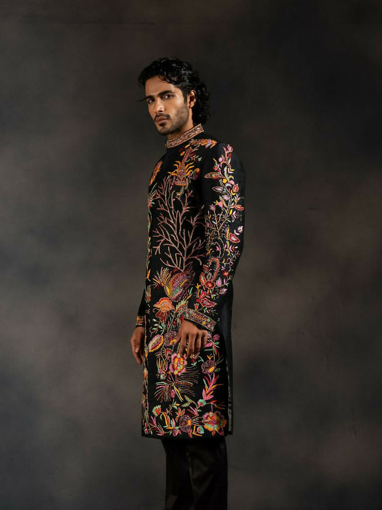 Black Tides Hand Embroidered Indowestern Sherwani by Hilo Design | Grocsy