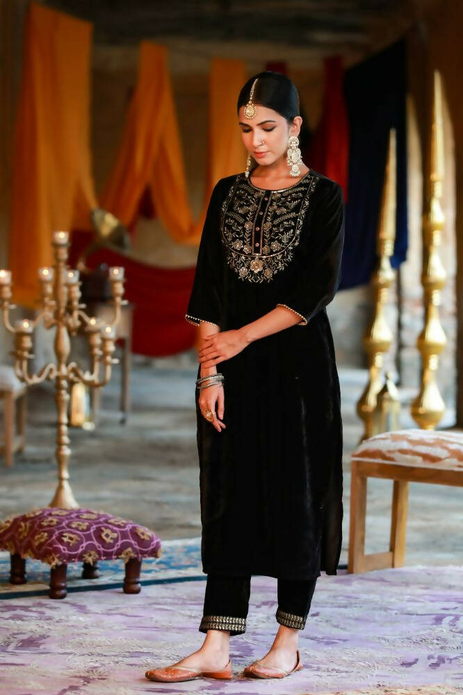 Juniper Women Black Velvet Embroidered Straight Kurta Sets | Grocsy