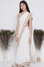 Little Bansi Floral Print Ready To Wear Saree And Floral Blouse - White | Grocsy