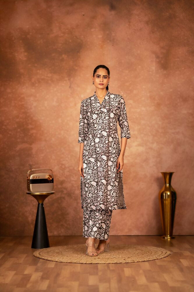Joban Fashion Black Floral Hand Block Printed Cotton Kurta Pant Set | Grocsy