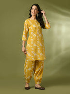 Myshka Women's Yellow Printed Cotton Round Neck Party Tunic With Trousers Co-ord set | Grocsy