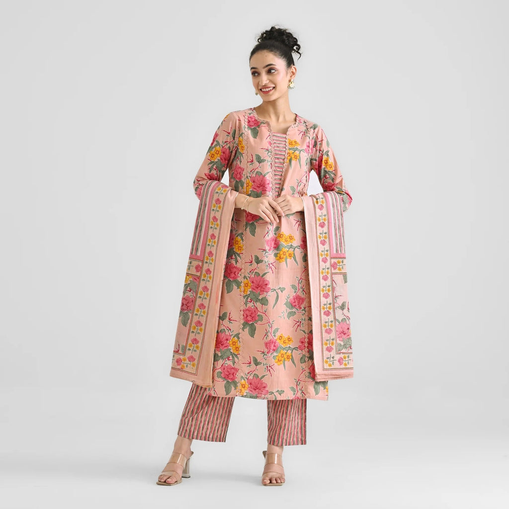 Lorenvalley Peach Cotton Slub Printed with Lace Work Kurta Set | Grocsy