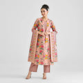 Lorenvalley Peach Cotton Slub Printed with Lace Work Kurta Set | Grocsy