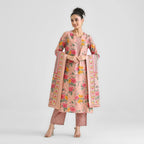 Lorenvalley Peach Cotton Slub Printed with Lace Work Kurta Set | Grocsy