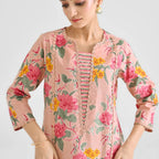 Lorenvalley Peach Cotton Slub Printed with Lace Work Kurta Set | Grocsy