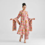 Lorenvalley Peach Cotton Slub Printed with Lace Work Kurta Set | Grocsy