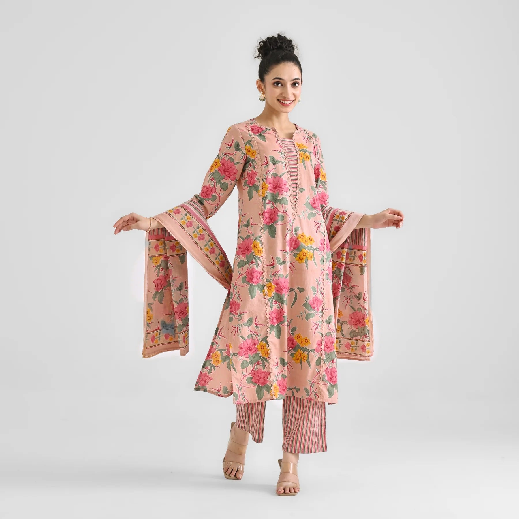 Lorenvalley Peach Cotton Slub Printed with Lace Work Kurta Set | Grocsy