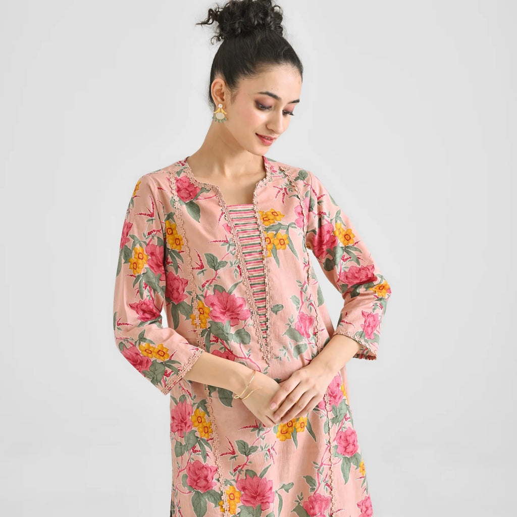 Lorenvalley Peach Cotton Slub Printed with Lace Work Kurta Set | Grocsy