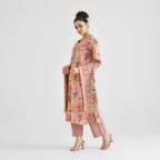 Lorenvalley Peach Cotton Slub Printed with Lace Work Kurta Set | Grocsy