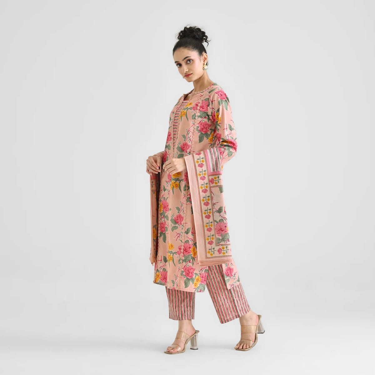 Lorenvalley Peach Cotton Slub Printed with Lace Work Kurta Set | Grocsy