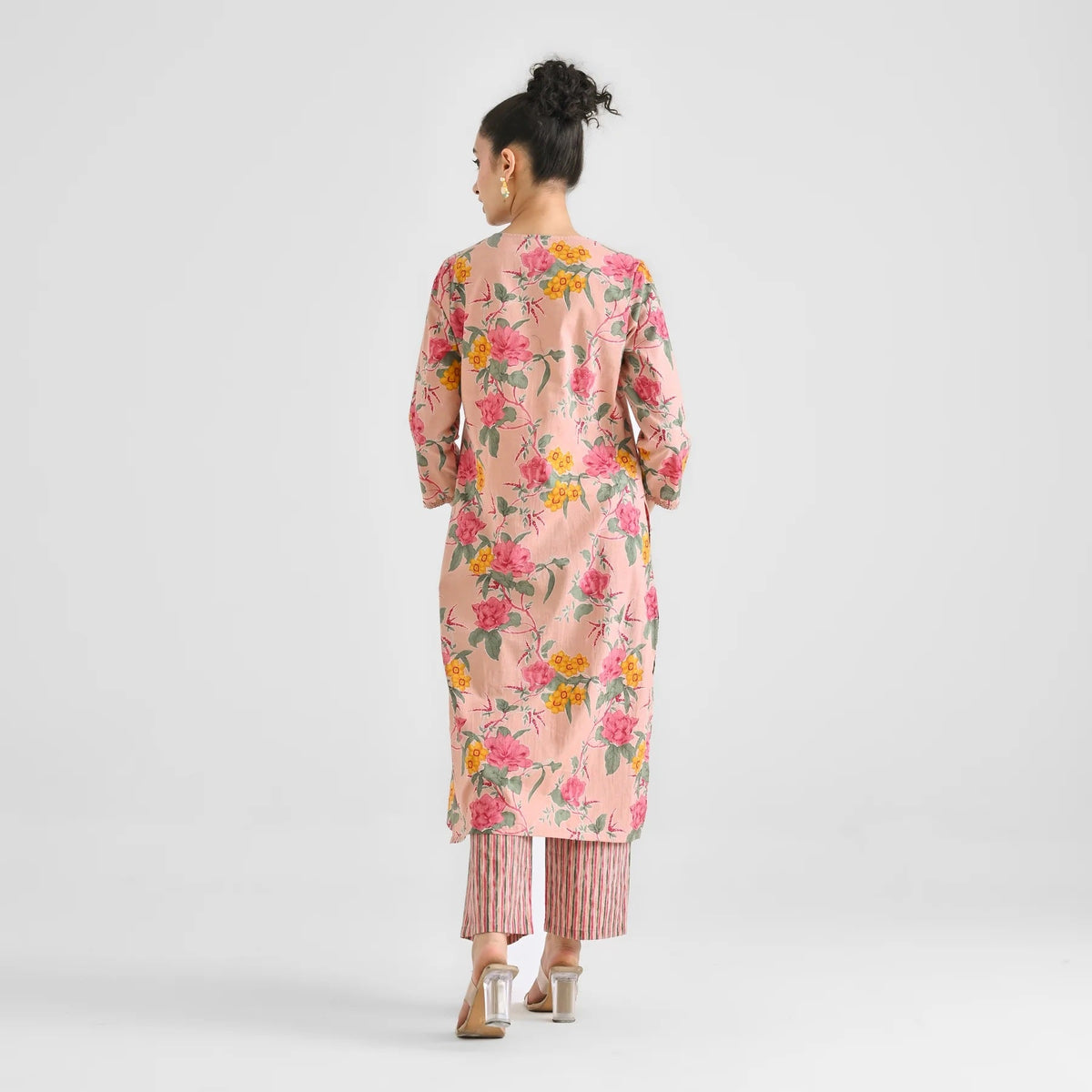 Lorenvalley Peach Cotton Slub Printed with Lace Work Kurta Set | Grocsy