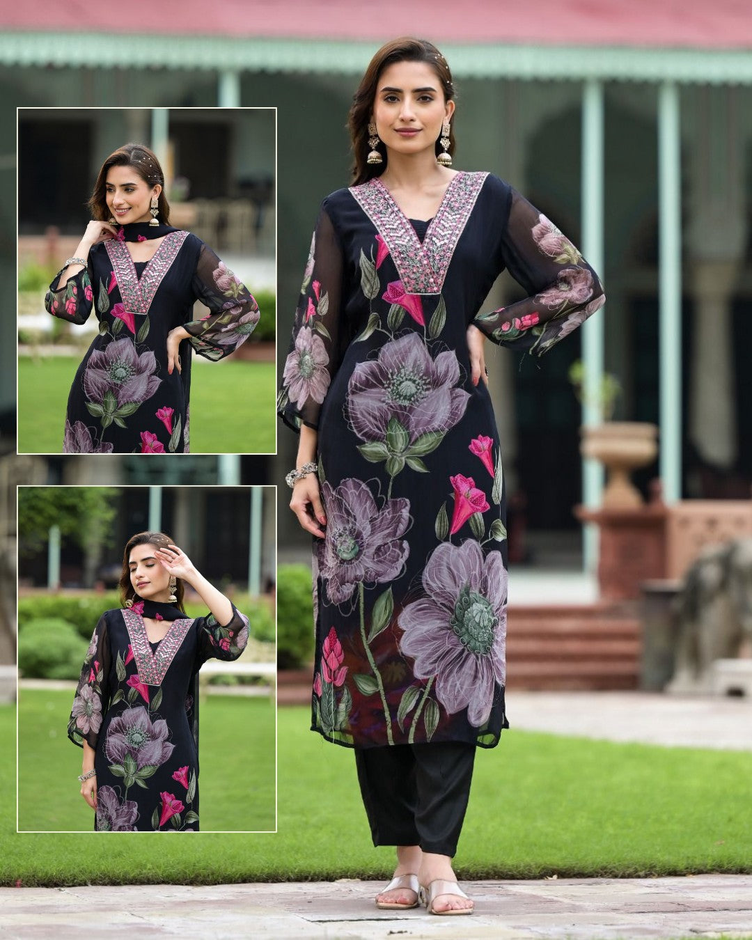 Lorenvalley Black Georgette Printed with Embroidery Work Kurta Set | Grocsy