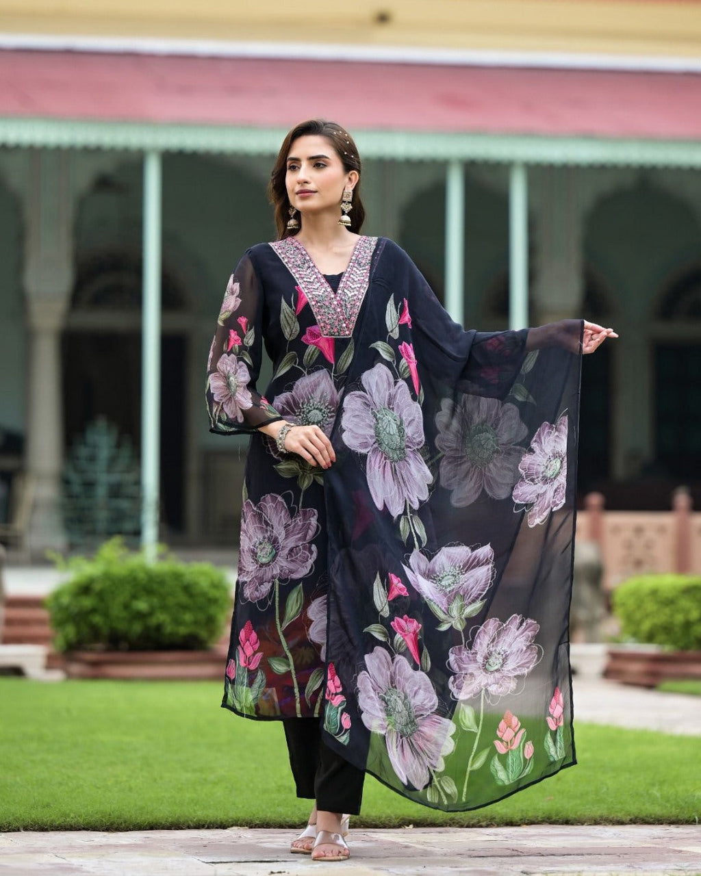 Lorenvalley Black Georgette Printed with Embroidery Work Kurta Set | Grocsy