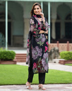 Lorenvalley Black Georgette Printed with Embroidery Work Kurta Set | Grocsy