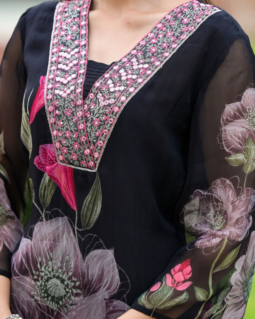 Lorenvalley Black Georgette Printed with Embroidery Work Kurta Set | Grocsy