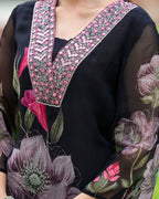 Lorenvalley Black Georgette Printed with Embroidery Work Kurta Set | Grocsy