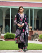 Lorenvalley Black Georgette Printed with Embroidery Work Kurta Set | Grocsy