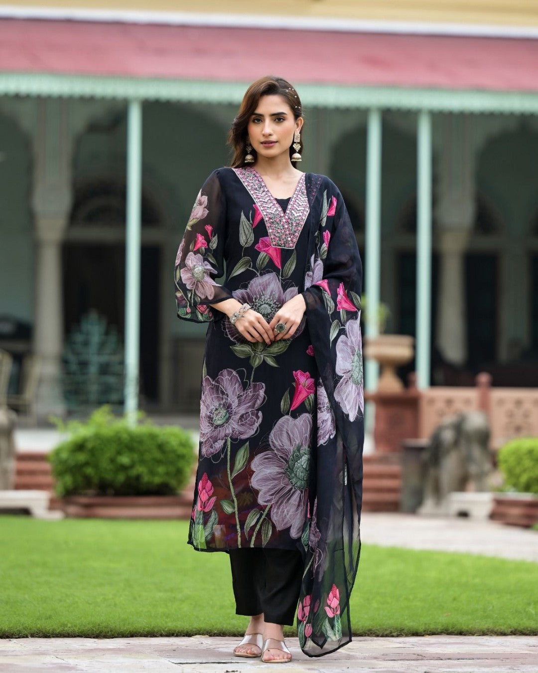 Lorenvalley Black Georgette Printed with Embroidery Work Kurta Set | Grocsy