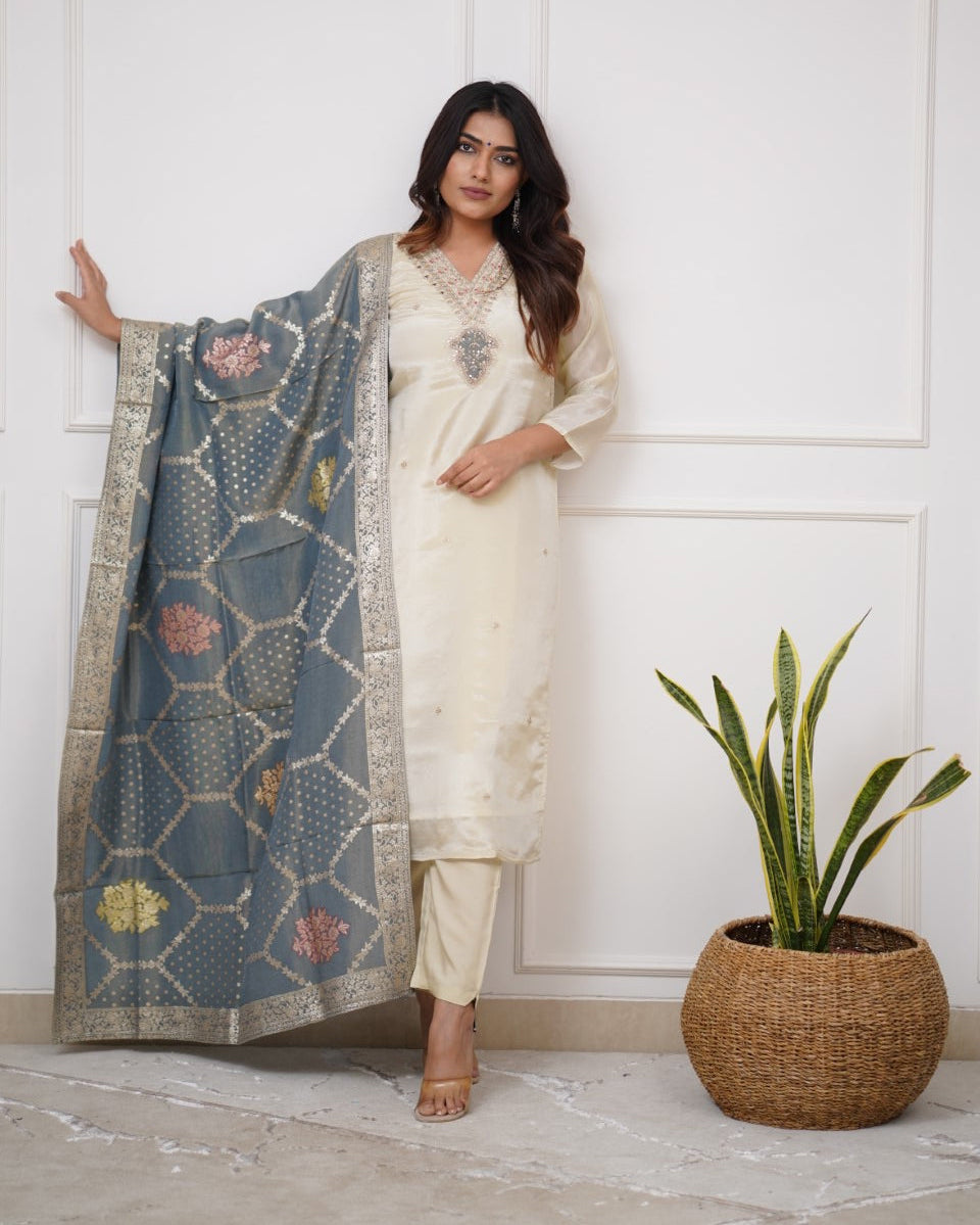 Lorenvalley Offwhite Viscose Chanderi Embroidered Multi Sequence work Kurta Set | Grocsy