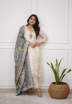 Lorenvalley Offwhite Viscose Chanderi Embroidered Multi Sequence work Kurta Set | Grocsy