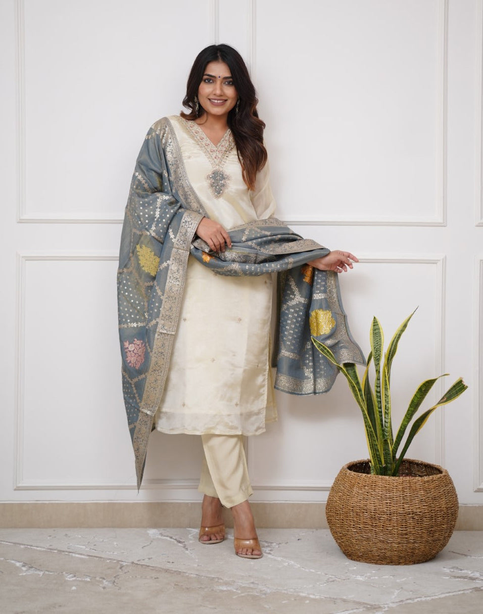 Lorenvalley Offwhite Viscose Chanderi Embroidered Multi Sequence work Kurta Set | Grocsy