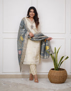 Lorenvalley Offwhite Viscose Chanderi Embroidered Multi Sequence work Kurta Set | Grocsy