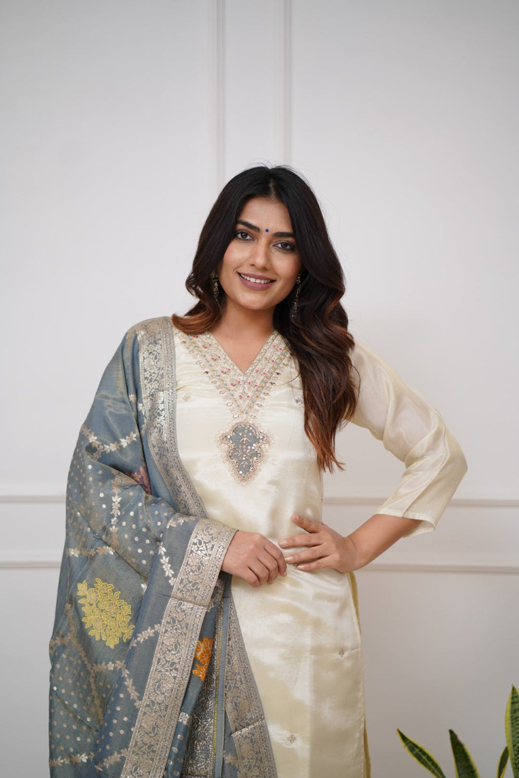 Lorenvalley Offwhite Viscose Chanderi Embroidered Multi Sequence work Kurta Set | Grocsy