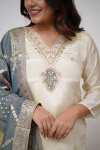 Lorenvalley Offwhite Viscose Chanderi Embroidered Multi Sequence work Kurta Set | Grocsy