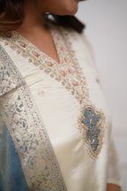 Lorenvalley Offwhite Viscose Chanderi Embroidered Multi Sequence work Kurta Set | Grocsy