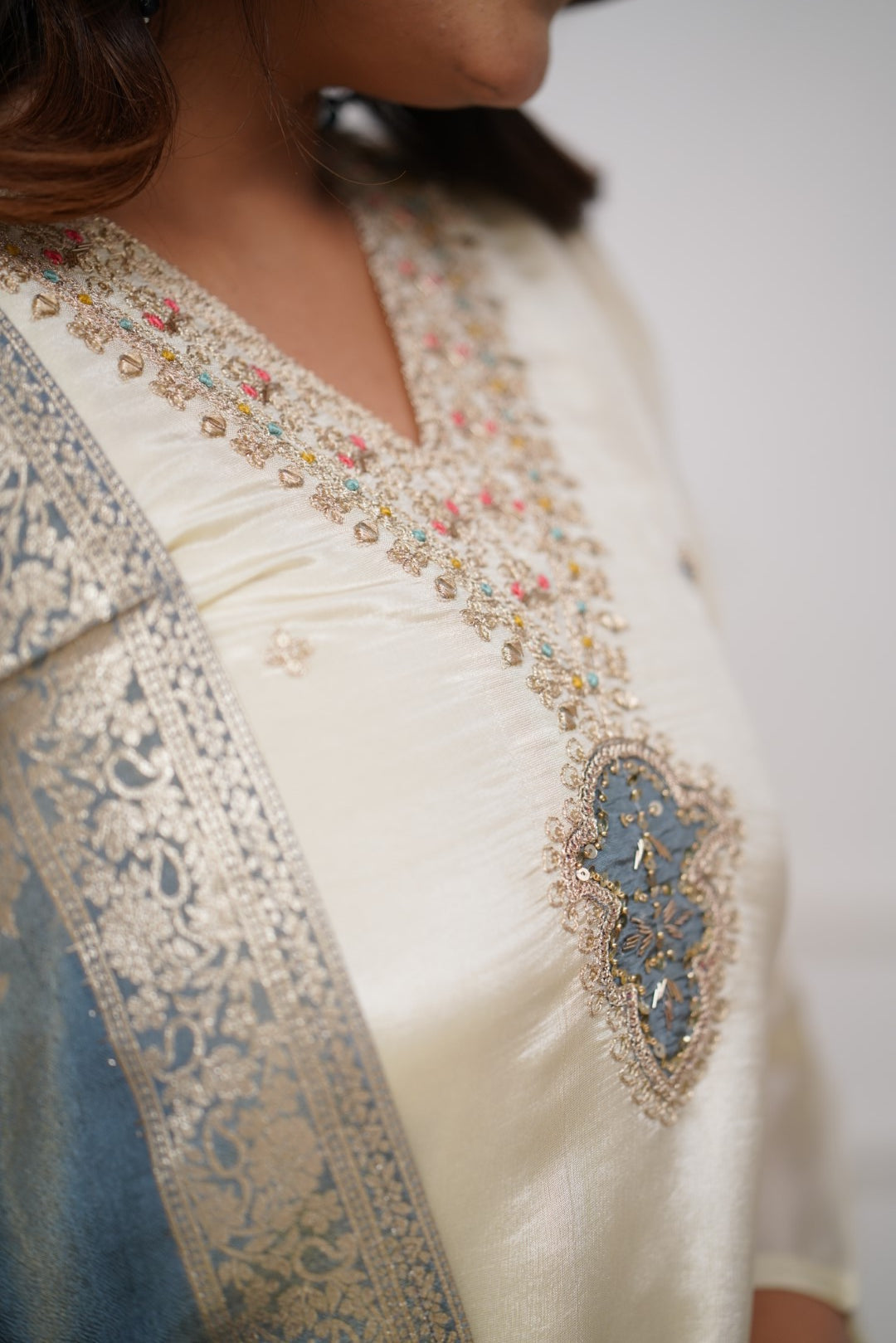 Lorenvalley Offwhite Viscose Chanderi Embroidered Multi Sequence work Kurta Set | Grocsy