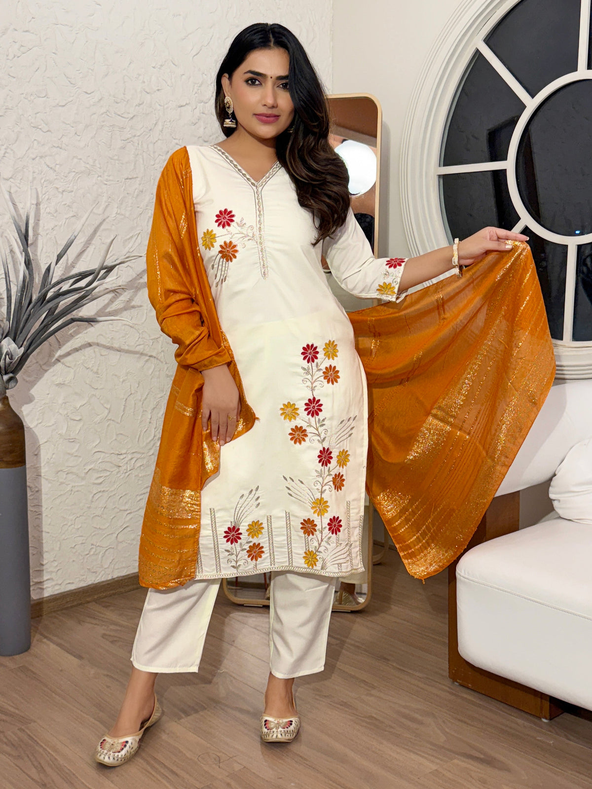 Lorenvalley Cream Cotton Silk Embroidered work Kurta Set | Grocsy