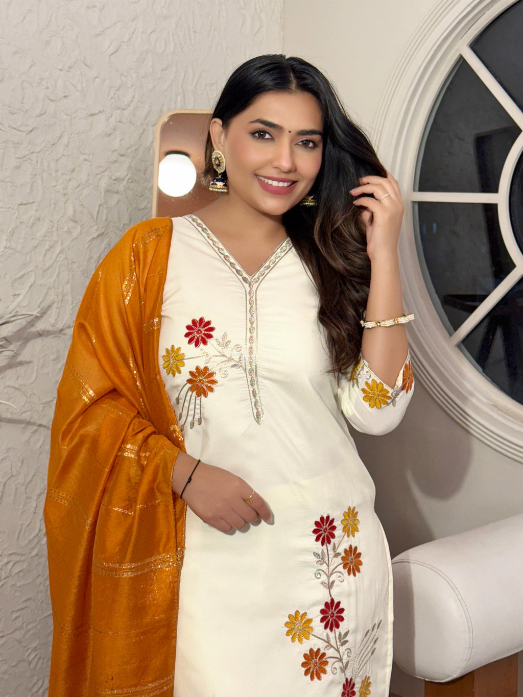 Lorenvalley Cream Cotton Silk Embroidered work Kurta Set | Grocsy