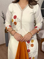Lorenvalley Cream Cotton Silk Embroidered work Kurta Set | Grocsy